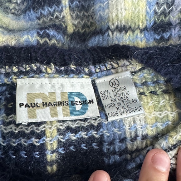 Paul Harris Design Plaid Blue Mohair Blend Fuzzy Grandpa Sweater Sz XL - Picture 7 of 7